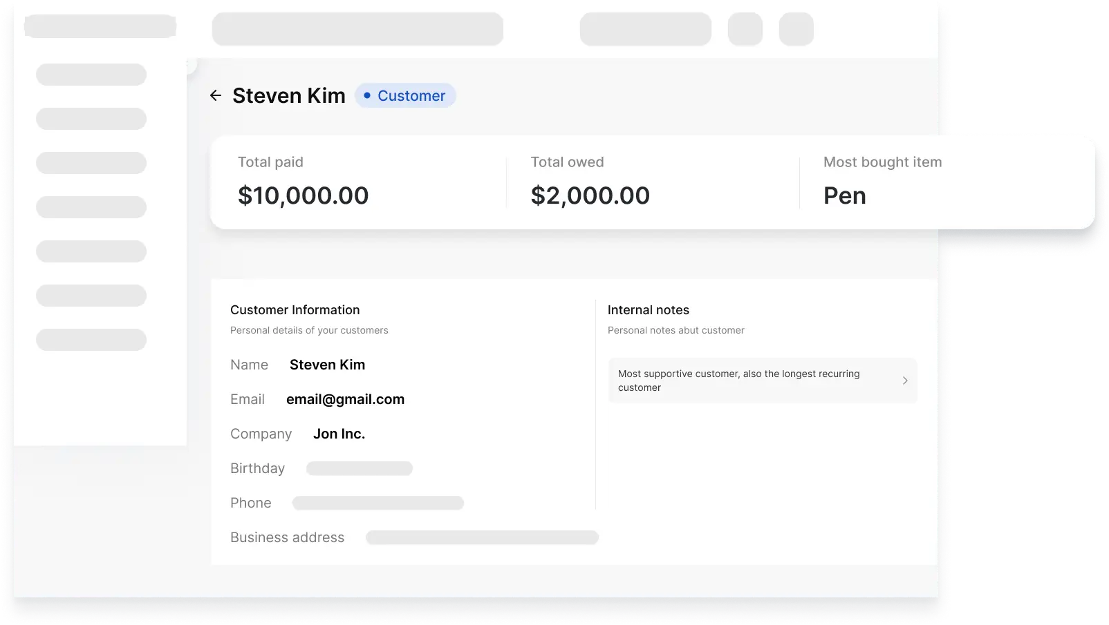 Screenshot of Vencru's customer management dashboard integrated with Sales and Purchase history.