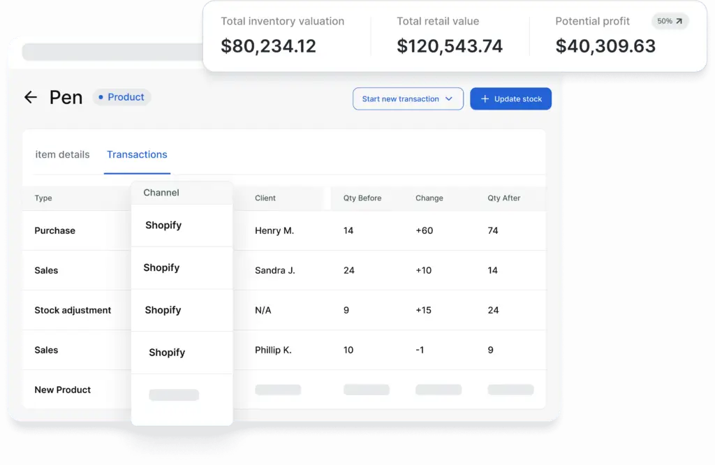 Screenshot showing Inventory list and automatically calculated Cost of Goods Sold from Shopify