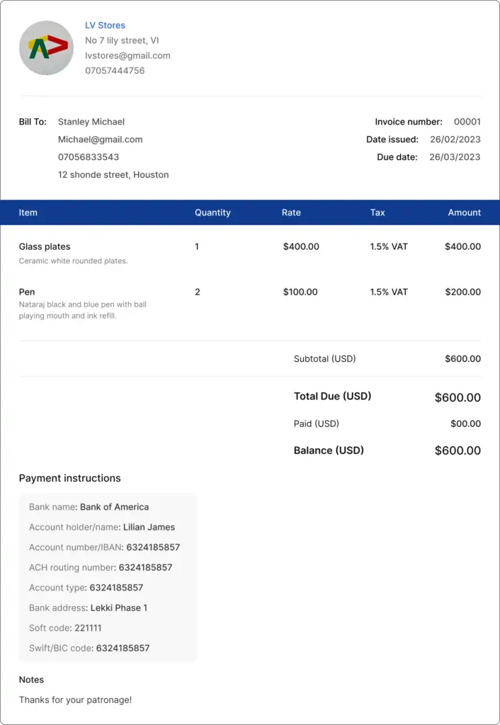 Vencru | Invoice vs. Receipt: What's the Difference? invoice sample