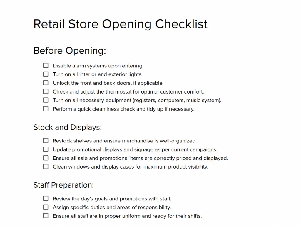 Vencru | Retail store opening and closing checklist Retail Store Opening Checklist